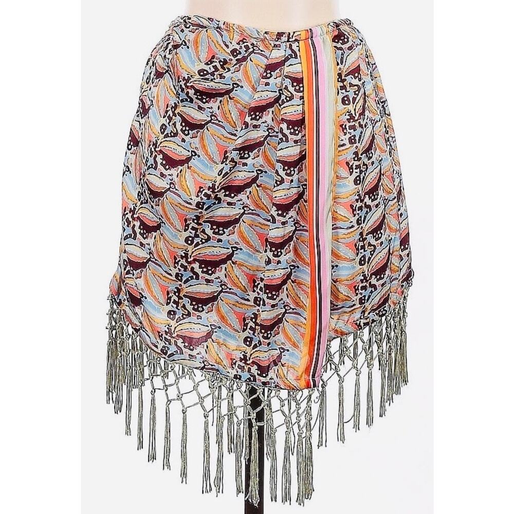 Anthropologie Multicolor Geometric Wrap Mini Skirt Tassel Fringe‎ Trim NWOT-  XS